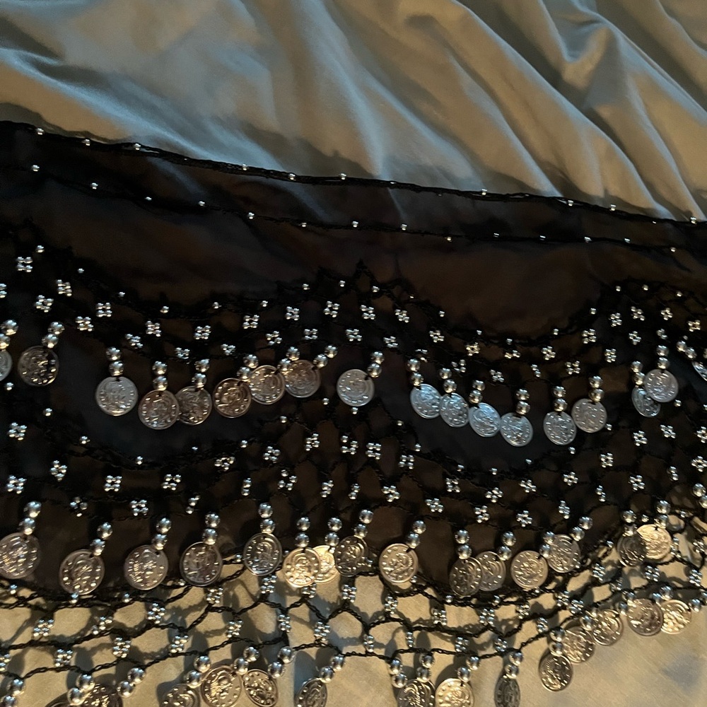 Black and Silver Coin Fringe Scarf, wraps around waist